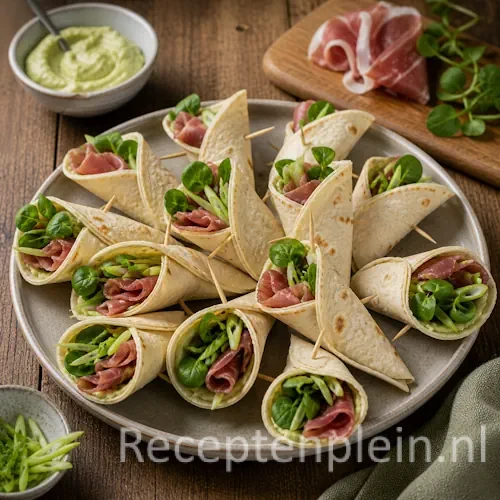 Mini-wraps met lamsham recept op een rustieke houten tafel