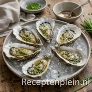 Oesters in bieslookvinaigrette recept op een rustieke houten tafel
