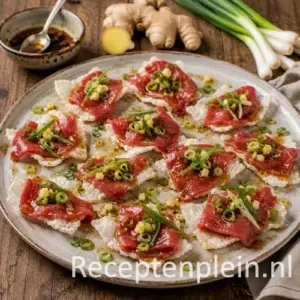 Oosterse carpaccio recept op een rustieke houten tafel