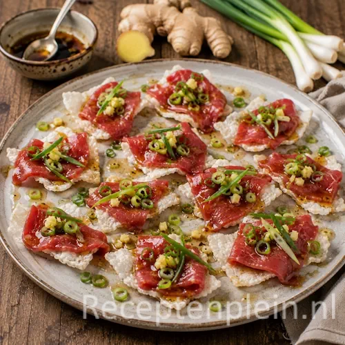 Oosterse carpaccio recept op een rustieke houten tafel