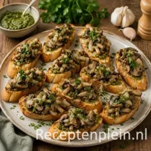 Paddestoelencrostini recept op een rustieke houten tafel