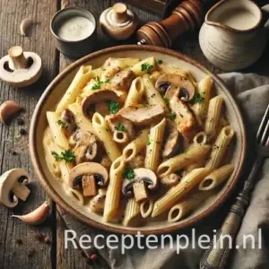 Pasta met romige kip champignonsaus op een rustieke houten tafel