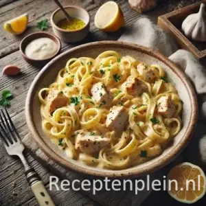 Pasta met romige kip citroensaus op een rustieke houten tafel