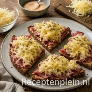 Pastramitoast recept op een rustieke houten tafel