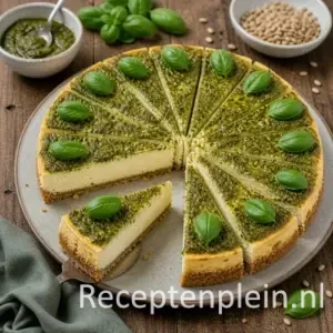 Pesto ricottataart recept op een rustieke houten tafel