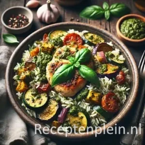 Pestokip met ratatouille rijst op een rustieke houten tafel