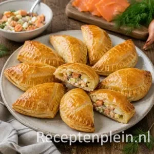 Piroschki zalm recept op een rustieke houten tafel