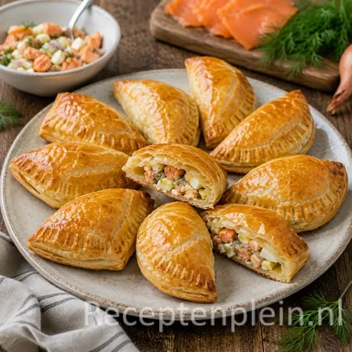 Piroschki zalm recept op een rustieke houten tafel