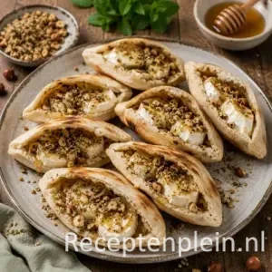 Pitabroodjes geitenkaas recept op een rustieke houten tafel