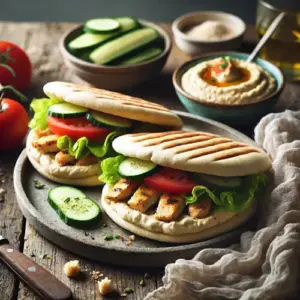 Pita's met kip en houmous, groenten op rustieke houten tafel