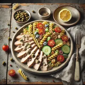 Pollo tonato met pastasalade op een rustieke houten tafel