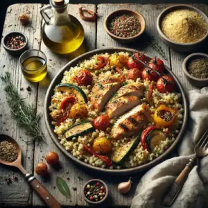 Provençal chicken with couscous and roasted vegetables on a rustic wooden table