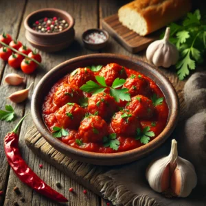 Albondigas in een rustieke schaal, geserveerd met gehaktballetjes in een rijke rode tomatensaus, gegarneerd met fijngehakte peterselie, op een oude houten tafel met knoflook, rode chili, een takje peterselie en een broodje als decoratie.