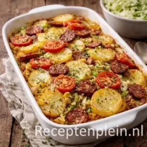 aardappelschotel chorizo spitskool uit de oven op een rustieke houten tafel.