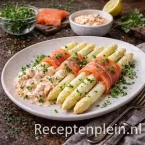 Asperges met zalmroom en tuinkers op rustieke houten tafel