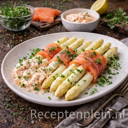 Asperges met zalmroom en tuinkers op rustieke houten tafel