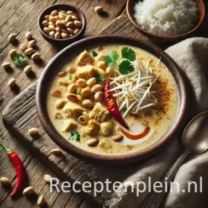 Indische pindasoep op rustieke houten tafel