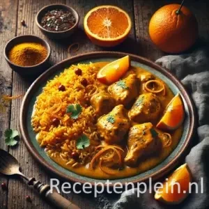Kerriekip met sinaasappelrijst op rustieke houten tafel