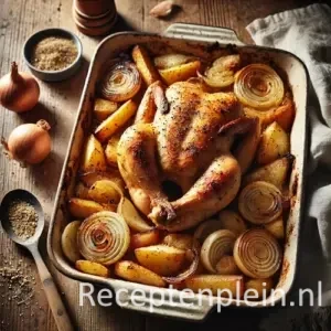 Roasted chicken with onions and potatoes on rustic wooden table