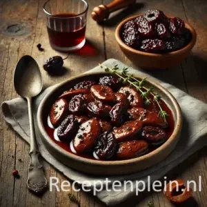 Hyperrealistische foodfoto van glanzend gebakken kippenlevertjes in een rijke donkerbruine saus met zachte hele pruimen, geserveerd in een ondiepe keramische schaal op een rustieke houten tafel. Het gerecht is licht gegarneerd met verse tijm. Op de achtergrond staan een schaaltje pruimen, een glas rode wijn, een houten lepel en een linnen doek in warm, sfeervol zijlicht met zachte schaduwen.
