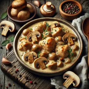Romig kipstoofpotje met kastanjechampignons op een rustieke houten tafel