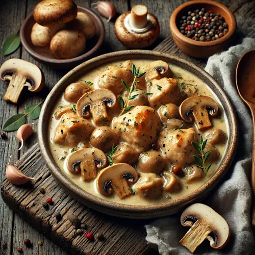 Romig kipstoofpotje met kastanjechampignons op een rustieke houten tafel