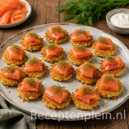 Röstikoekjes gravad lachs recept op een rustieke houten tafel
