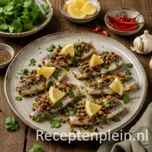 Sardines koriander chilimix recept op een rustieke houten tafel