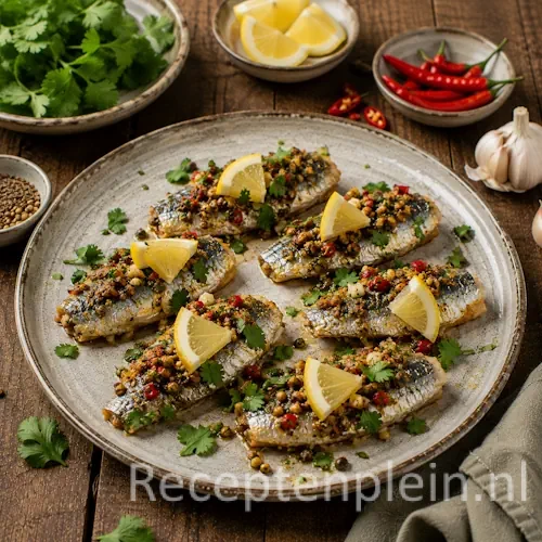 Sardines koriander chilimix recept op een rustieke houten tafel