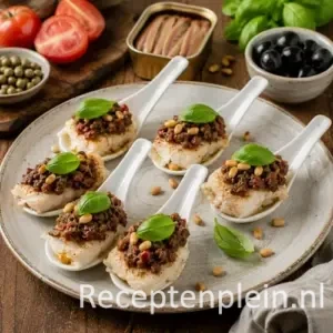 Schol met tomatentapenade recept op een rustieke houten tafel