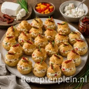 Soesjes geitenkaas recept op een rustieke houten tafel