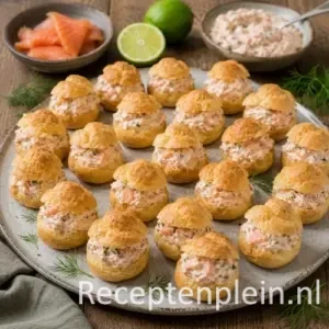 Soesjes zalmmousse recept op een rustieke houten tafel