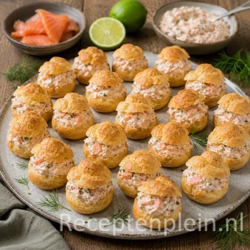 Soesjes zalmmousse recept op een rustieke houten tafel