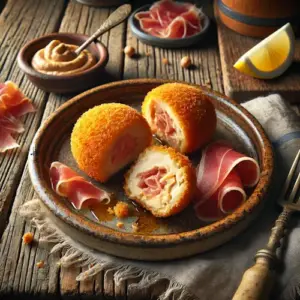 Spaanse kipkroketjes met rauwe ham op rustieke houten tafel