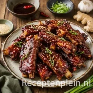 Spareribs Singapore recept op een rustieke houten tafel