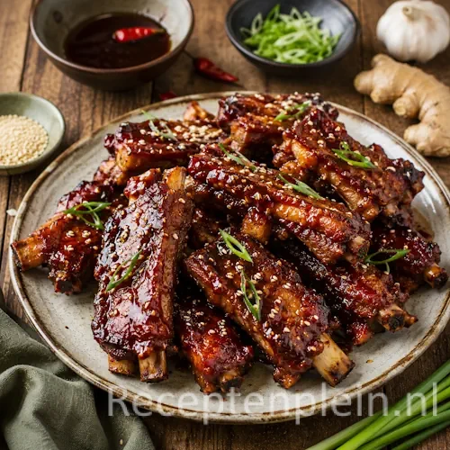 Spareribs Singapore recept op een rustieke houten tafel