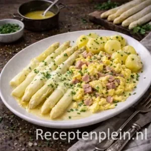 Asperges met ham en roerei op rustieke houten tafel