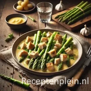 Natuurgetrouwe foodfoto van asperges met kip geserveerd in een beige keramische schaal op een rustieke houten tafel. Groene asperges liggen in een lichte botersaus met stukjes goudbruin gebakken kip en versgemalen zwarte peper. Rondom staan een schaaltje krieltjes, een glas water, een klontje boter en een linnen servet. Gefotografeerd in zacht natuurlijk daglicht met een rustige, huiselijke uitstraling en subtiele saussporen langs de rand van de schaal.
