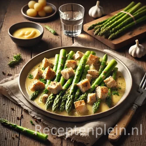Natuurgetrouwe foodfoto van asperges met kip geserveerd in een beige keramische schaal op een rustieke houten tafel. Groene asperges liggen in een lichte botersaus met stukjes goudbruin gebakken kip en versgemalen zwarte peper. Rondom staan een schaaltje krieltjes, een glas water, een klontje boter en een linnen servet. Gefotografeerd in zacht natuurlijk daglicht met een rustige, huiselijke uitstraling en subtiele saussporen langs de rand van de schaal.