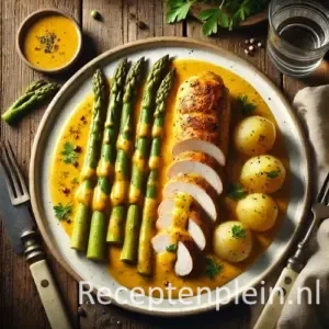 Natuurgetrouwe foodfoto van asperges met kiprollade in kerriesaus op een grote witte keramische schaal op een rustieke houten tafel. Plakken goudbruin gebraden kiprollade liggen naast asperges die royaal zijn overgoten met een romige gele kerriesaus met zichtbare kruidenspetters. Kleine gekookte krieltjes met peterselie liggen erbij. Op de achtergrond staan een schaaltje extra saus, bestek en een linnen servet. Gefotografeerd in helder voorjaarslicht met een frisse, huiselijke uitstraling en subtiele saussporen op het bord.