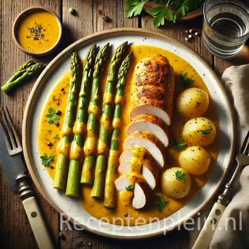 Natuurgetrouwe foodfoto van asperges met kiprollade in kerriesaus op een grote witte keramische schaal op een rustieke houten tafel. Plakken goudbruin gebraden kiprollade liggen naast asperges die royaal zijn overgoten met een romige gele kerriesaus met zichtbare kruidenspetters. Kleine gekookte krieltjes met peterselie liggen erbij. Op de achtergrond staan een schaaltje extra saus, bestek en een linnen servet. Gefotografeerd in helder voorjaarslicht met een frisse, huiselijke uitstraling en subtiele saussporen op het bord.