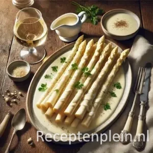 Hyper-realistische foodfoto van witte asperges geserveerd op een ovale keramische schaal met romige witte wijnsaus op een rustieke houten tafel. De asperges liggen netjes gerangschikt en zijn overgoten met een glanzende, licht ivoorkleurige saus, afgewerkt met verse peterselie en zwarte peper. Op tafel staan een sauskommetje, een glas witte wijn, bestek en een linnen servet, warm en natuurlijk belicht in een elegante lentesfeer.