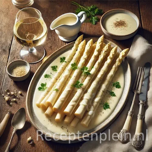 Hyper-realistische foodfoto van witte asperges geserveerd op een ovale keramische schaal met romige witte wijnsaus op een rustieke houten tafel. De asperges liggen netjes gerangschikt en zijn overgoten met een glanzende, licht ivoorkleurige saus, afgewerkt met verse peterselie en zwarte peper. Op tafel staan een sauskommetje, een glas witte wijn, bestek en een linnen servet, warm en natuurlijk belicht in een elegante lentesfeer.