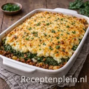 Boerenkoolschotel uit de oven met kaas op een rustieke houten tafel.