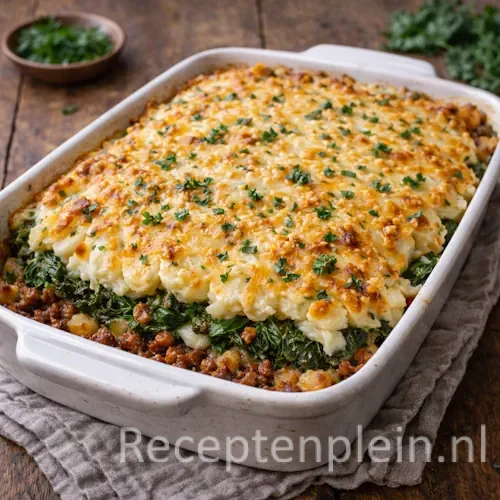 Boerenkoolschotel uit de oven met kaas op een rustieke houten tafel.