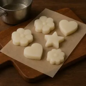 Een houten snijplank met bakpapier waarop zes witte borstplaatvormpjes liggen in bloem-, hart- en stervorm. Op de achtergrond staat een steelpan met suikerstroop, wat het maakproces van deze traditionele Sinterklaaslekkernij benadrukt.
