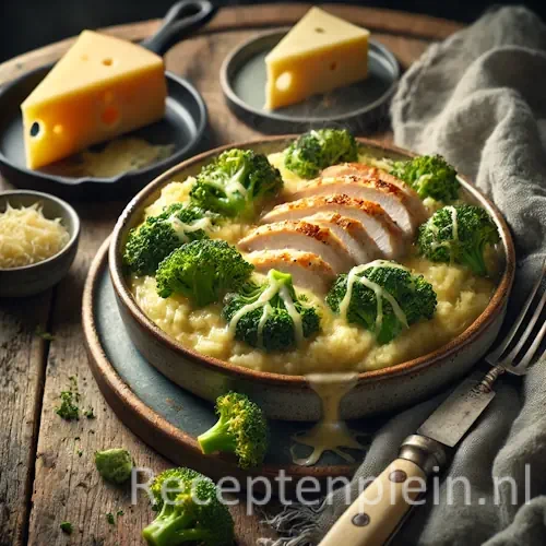 Hyper-realistische foodfoto van broccolistamppot met stukjes broccoli, gegrilde kipfilet en gesmolten kaas in een rustieke keramische schaal op een houten tafel, met kaasblok, koekenpan en linnen doek in warm natuurlijk avondlicht.