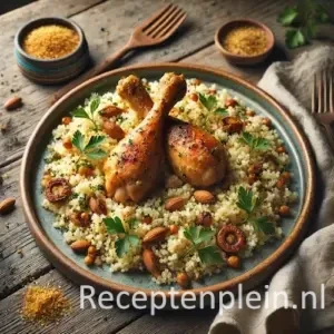 Hyperrealistische foodfoto van luchtige couscous met kruiden, geroosterde groenten en amandelen, geserveerd met goudbruin gebakken kipdrumsticks met knapperig vel op een rustiek keramisch bord. Het bord staat op een houten tafel met losjes gevouwen linnen servet, een houten lepel en enkele verspreide couscouskorrels en kruiden. Zacht warm daglicht van opzij zorgt voor natuurlijke, ongelijkmatige schaduwen en een authentieke, niet-geforceerde presentatie.