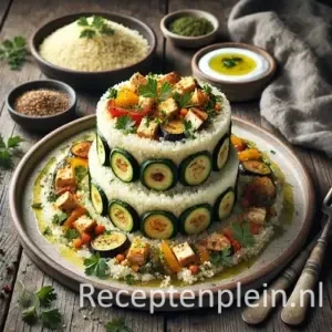 Hyperrealistische foodfoto van couscoustorentjes geserveerd op een rustieke keramische schaal op een houten tafel, licht uitgezoomd zodat het tafelblad goed zichtbaar is. De couscous is in nette cilindervormige torentjes opgebouwd met lagen van gegrilde courgette, paprika en aubergine en stukjes geroosterde kip, afgewerkt met verse peterselie en een drizzle olijfolie. Naast de torentjes ligt een lepel yoghurtsaus en op tafel staan schaaltjes couscous, kruiden, bestek en een linnen doek in helder natuurlijk daglicht met een frisse mediterrane premium foodmagazine uitstraling.