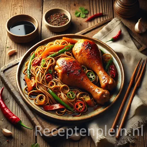 Hyperrealistische foodfoto van glanzend gelakte kipdrumsticks met een sojagemberglazuur, geserveerd met oosterse roerbakmie en reepjes paprika, wortel en lente-ui op een keramisch bord. Het bord staat op een rustieke houten tafel met houten eetstokjes, een schaaltje sojasaus, rode chilipepers en een linnen servet in warm natuurlijk avondlicht met zachte schaduwen.